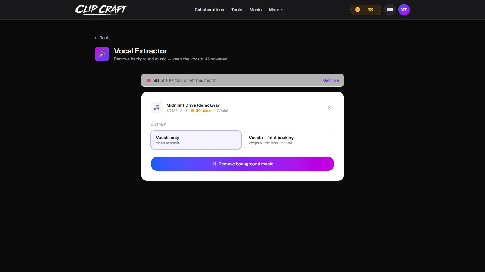 A 2:47 song loaded in the Vocal Extractor showing a 30 token cost and two output modes