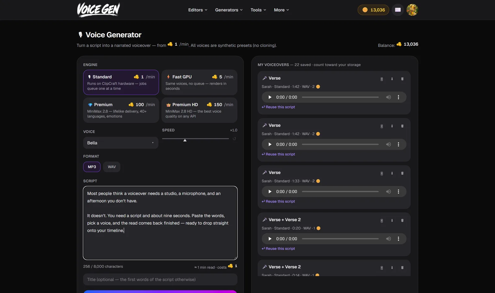 The ClipCraft Voice Generator: four engine tiers (Standard 1, Fast GPU 5, Premium 100, Premium HD 150 tokens per minute), a voice and speed control, a script box, and the My Voiceovers library on the right