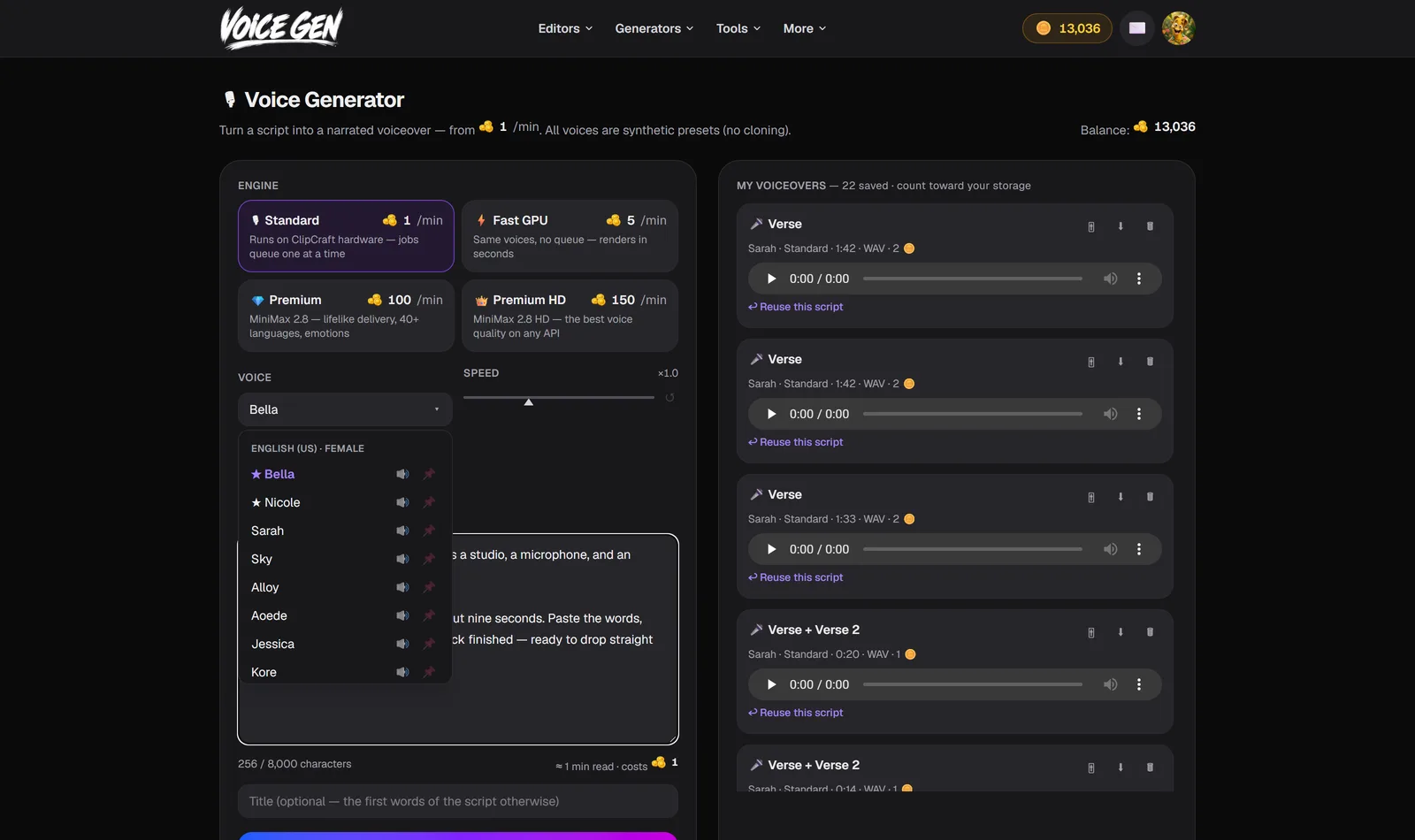 The voice picker open, showing English US female voices Bella, Nicole, Sarah, Sky, Alloy, Aoede, Jessica and Kore, each with a speaker preview button and a pin