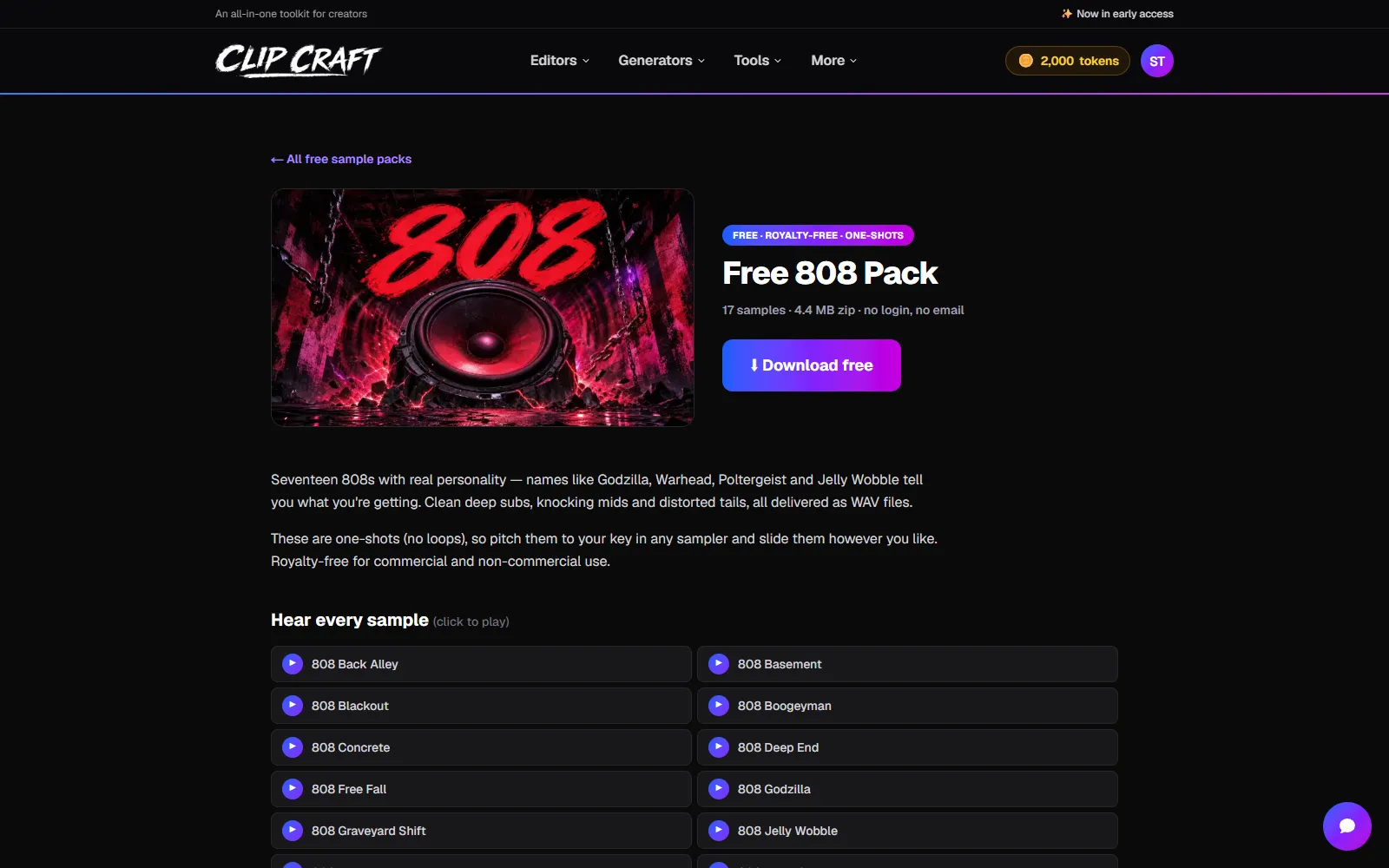 The free 808 pack page showing 17 samples at 4.4 MB with no login required and a list of click-to-play sample rows