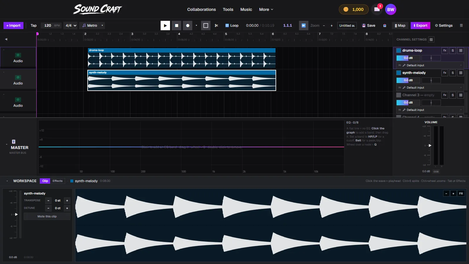 SoundCraft's multi-track timeline with a drum loop and a synth melody clip, master EQ, and channel settings