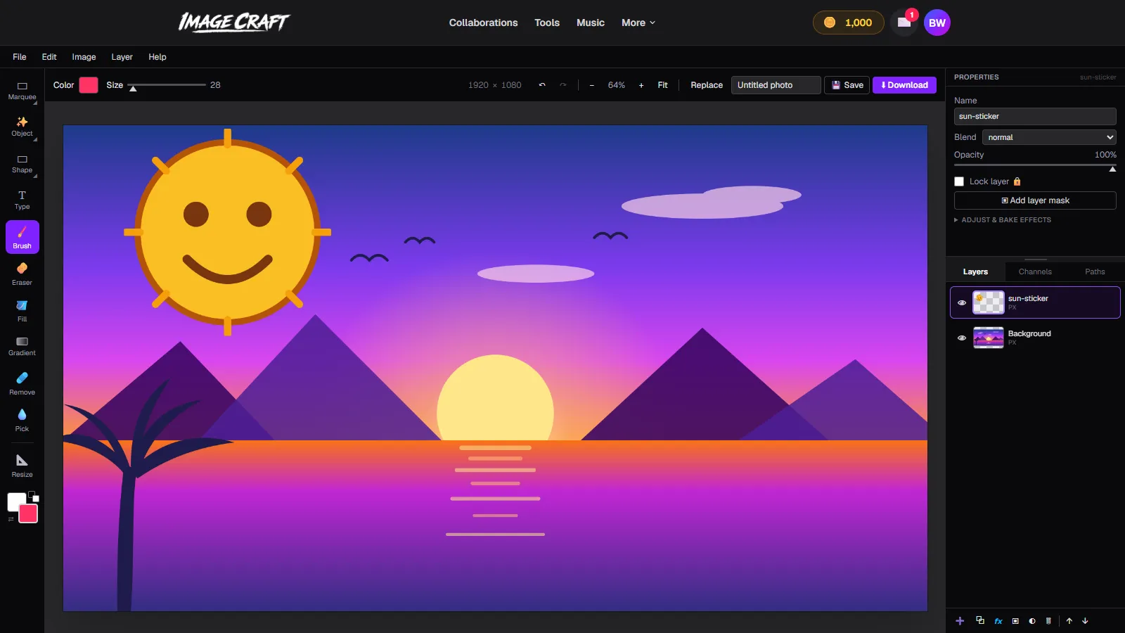The ImageCraft workspace with a sunset photo, a sticker layer, and the Layers panel showing both