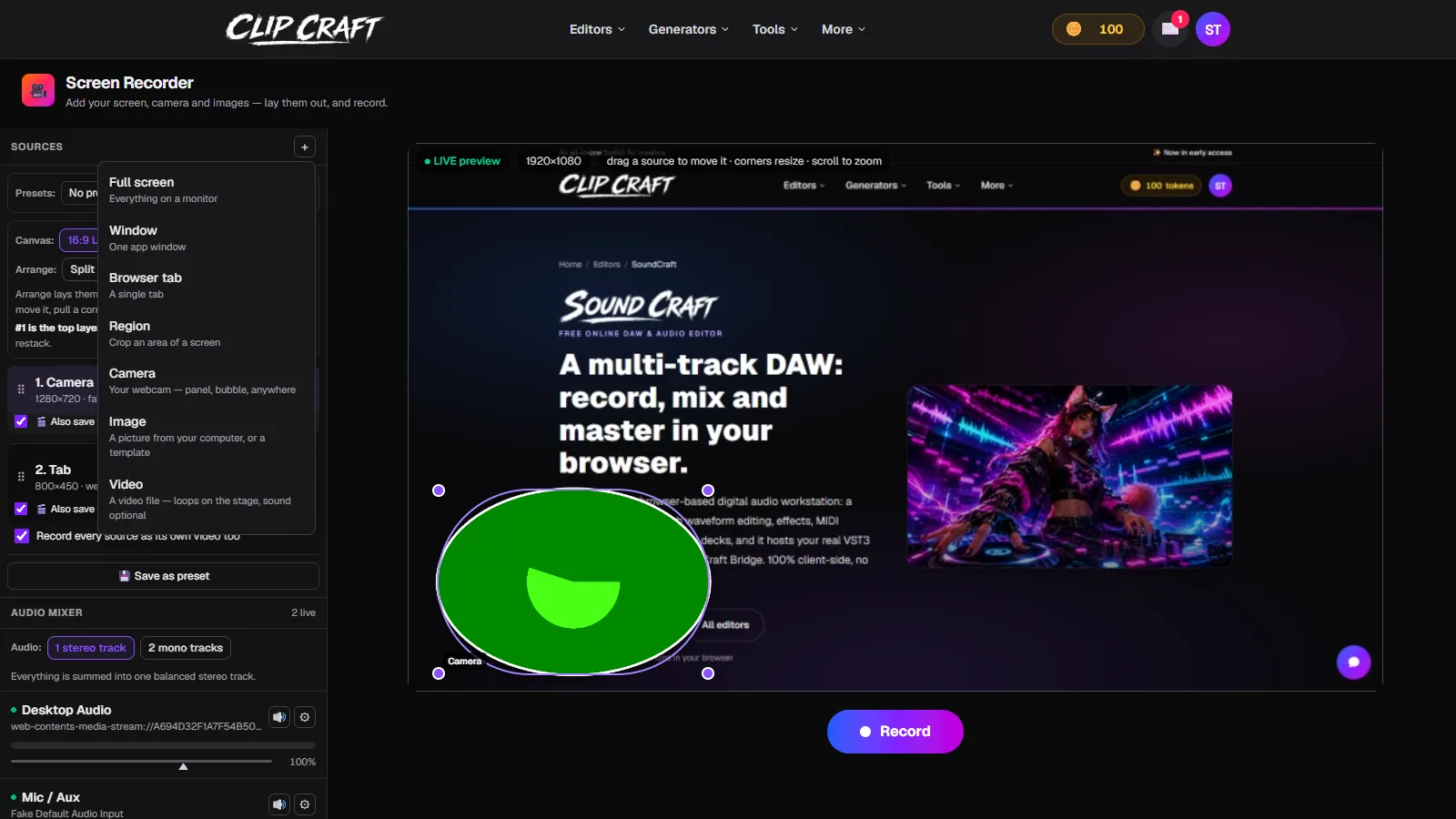The screen recorder's add-source menu listing full screen, window, browser tab, region, camera, image and video sources