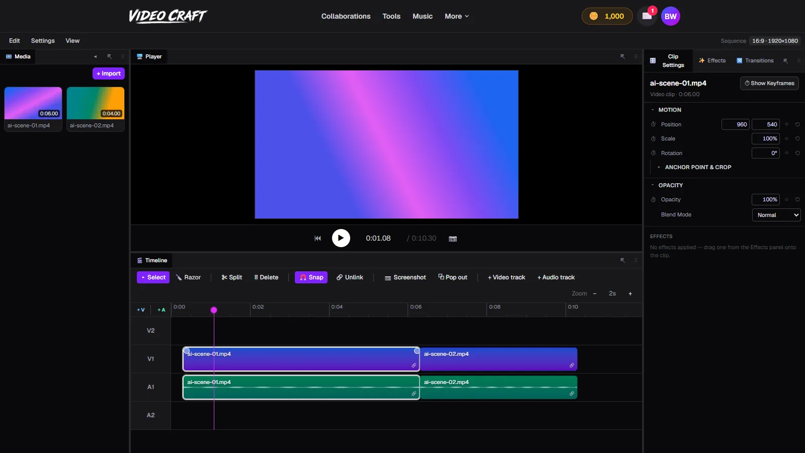 The VideoCraft free online video editor with two clips and their linked audio on a multi-track timeline
