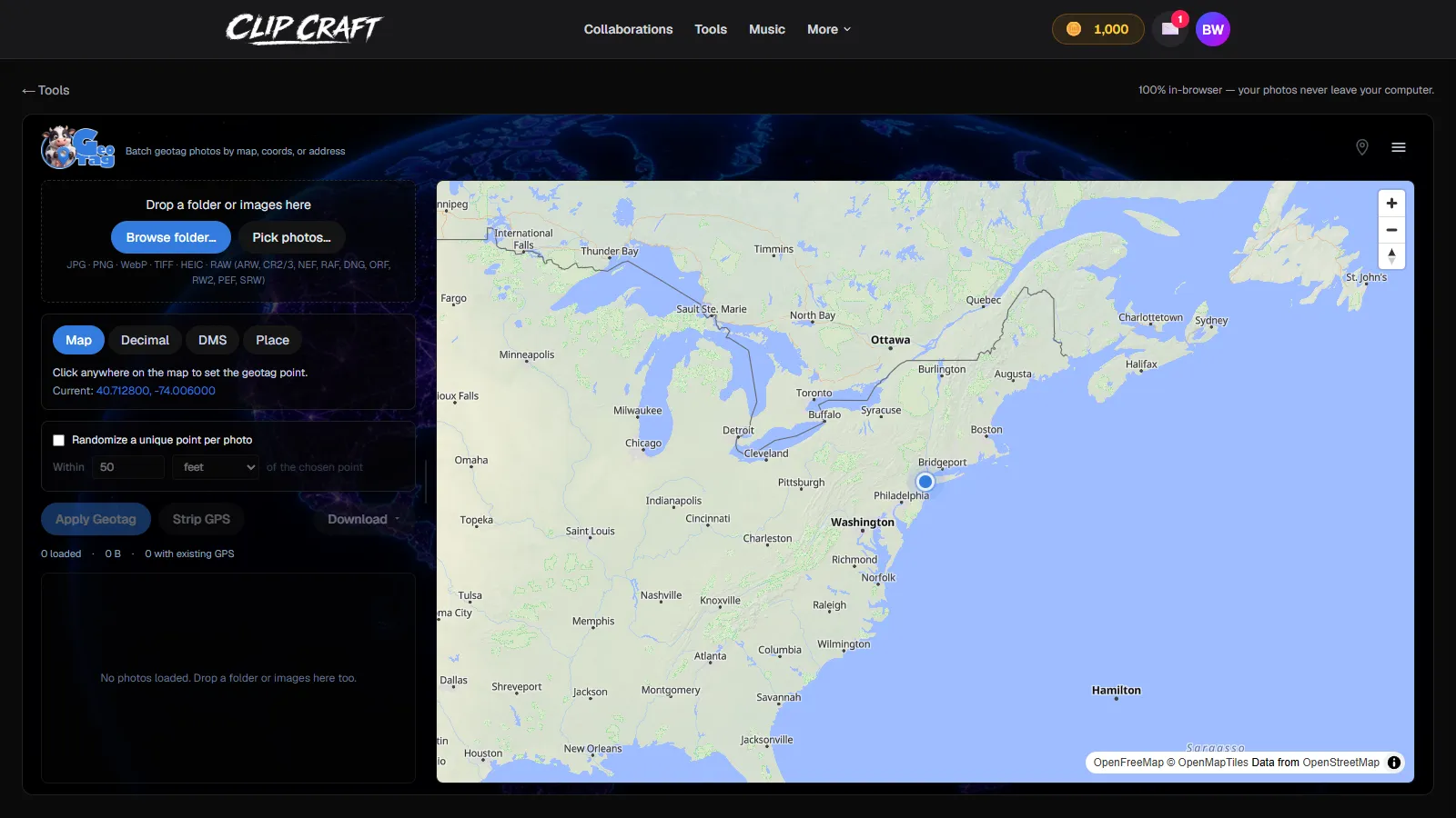 ClipCraft's Geo Tag tool showing the drop zone, location tabs, and a world map before any photos are loaded