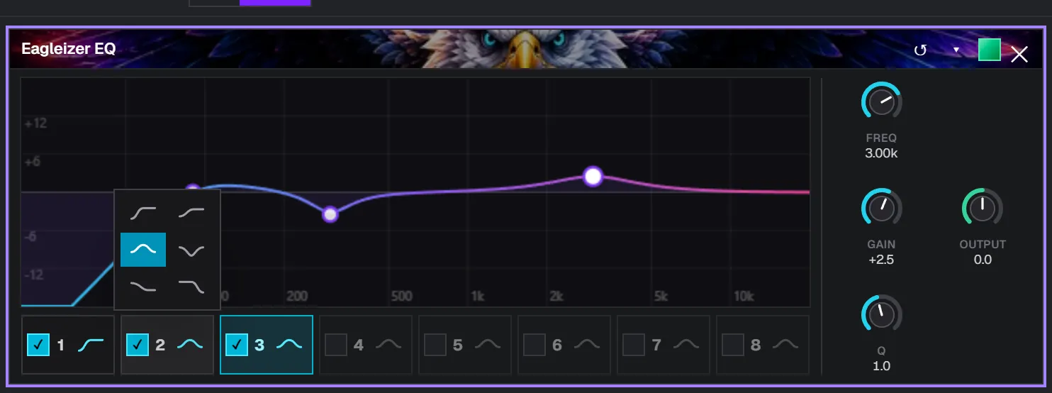 The Eagleizer EQ's filter type dropdown showing six wave-shape icons: low cut, low shelf, bell, notch, high shelf, high cut