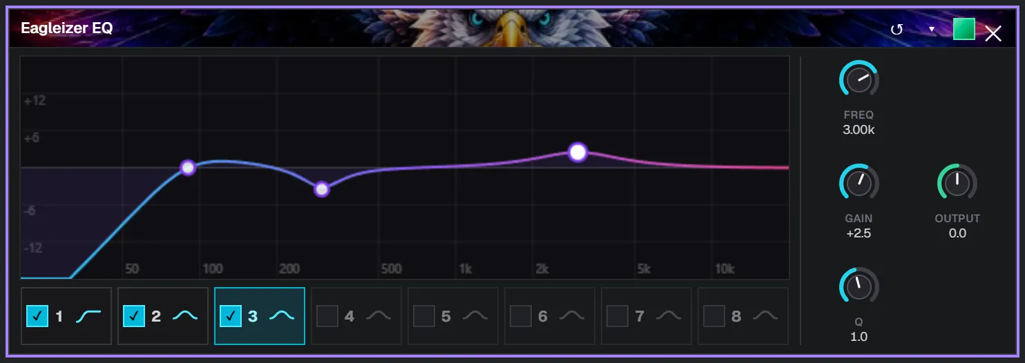 Three EQ bands shaped into a vocal curve: low cut at 90 Hz, a 3.5 dB cut at 300 Hz, and a 2.5 dB bell boost at 3 kHz