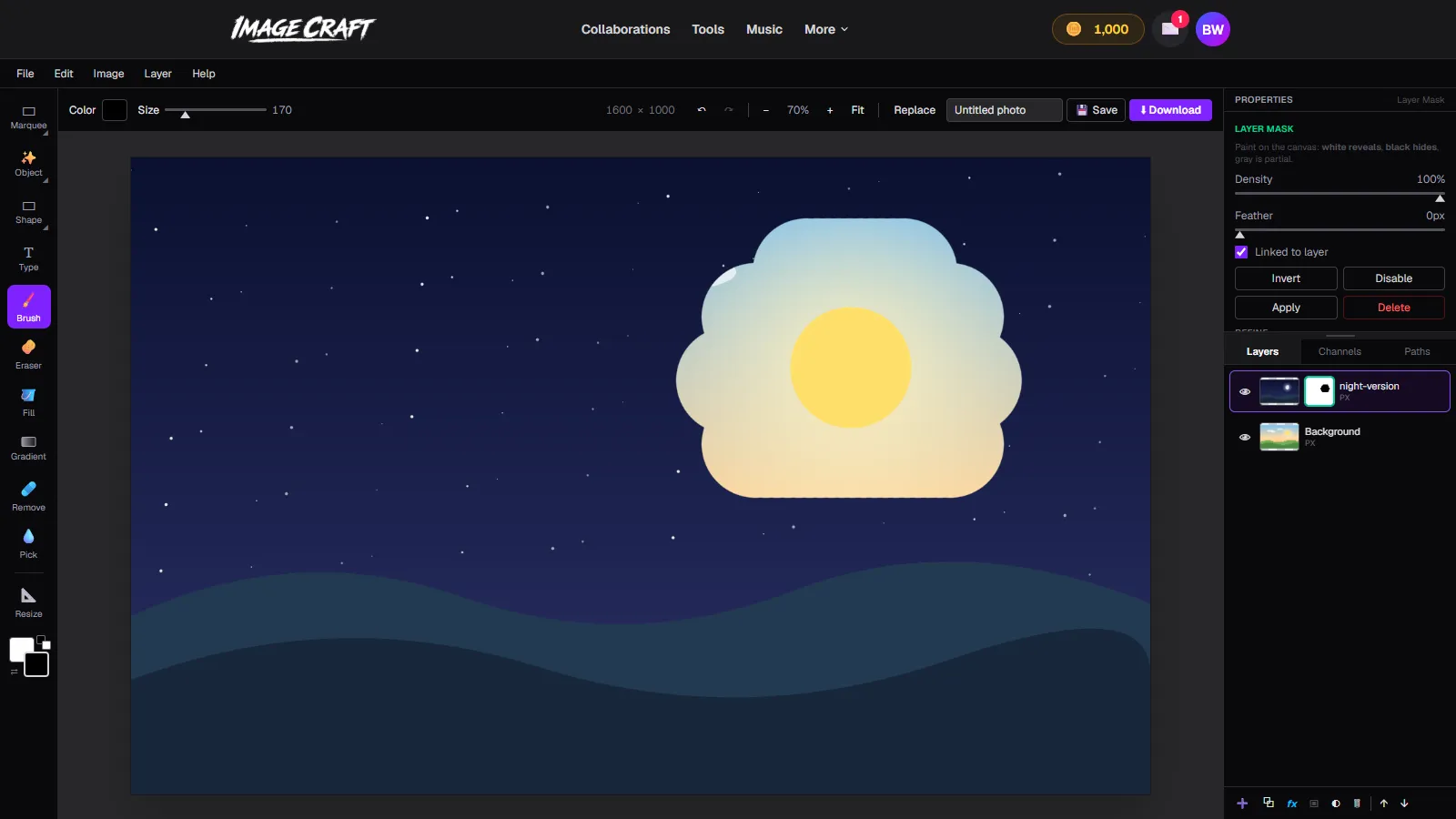 Black paint on a layer mask hiding part of the night layer in ImageCraft so the day scene with the sun shows through