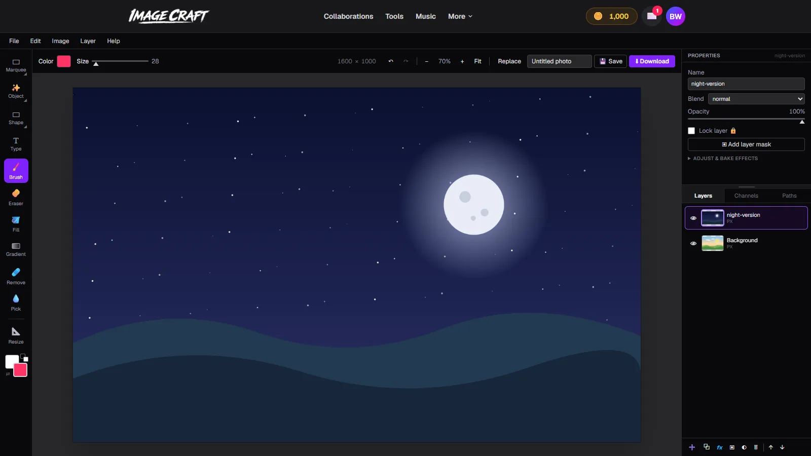 ImageCraft with a night scene layer stacked above a day scene layer in the Layers panel, night fully covering the canvas
