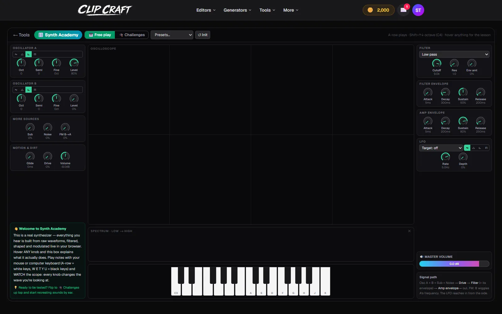 Synth Academy in free play with two oscillators, sub and noise sources, filter and envelopes around a central oscilloscope