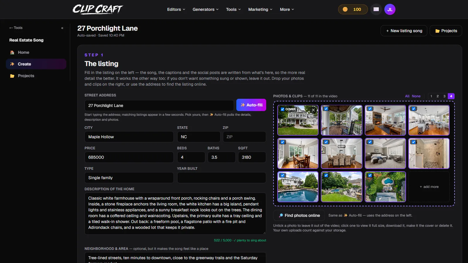 The Real Estate Song listing form: address, price, beds, baths and the description on the left, a grid of listing photos with checkboxes on the right