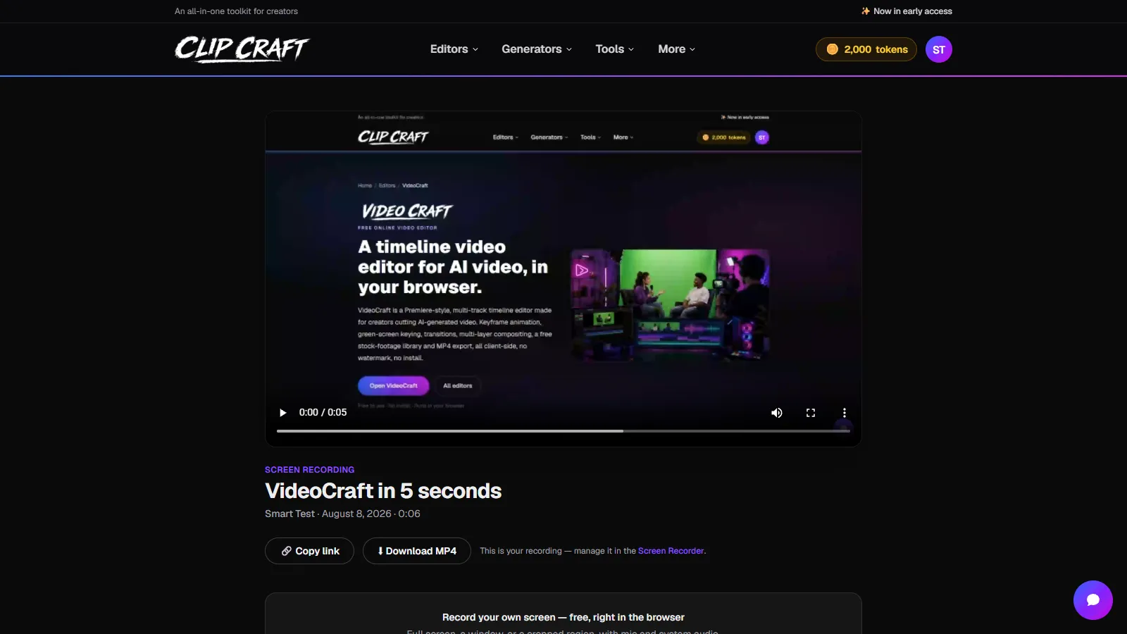 A public share page for a saved screen recording with title, author, date, copy link and download MP4 buttons