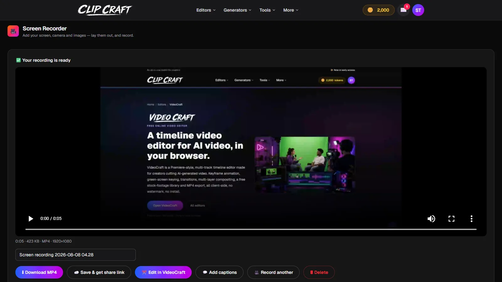 The screen recorder's result screen with a five-second 423 KB MP4 at 1920x1080 and save, edit and caption buttons