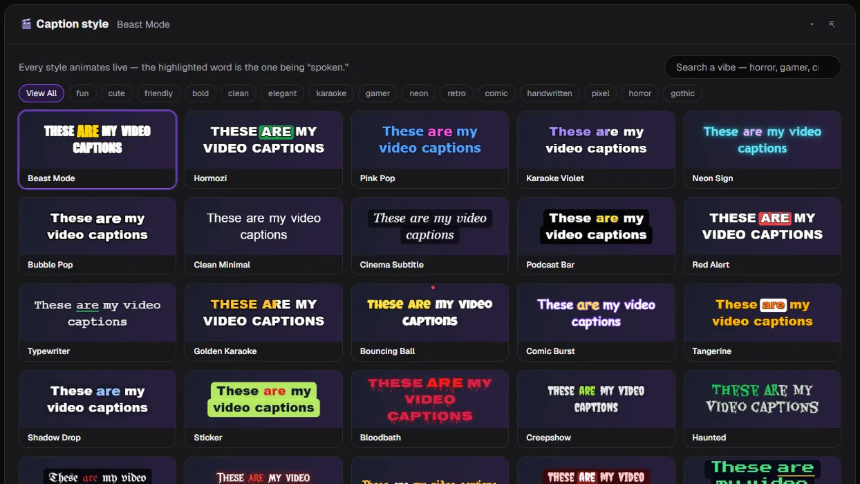 ClipCraft's animated caption style gallery with dozens of live-previewing presets and filter chips