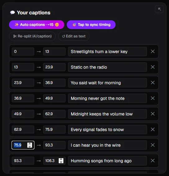 The lyric caption editor showing each line with editable start and end times