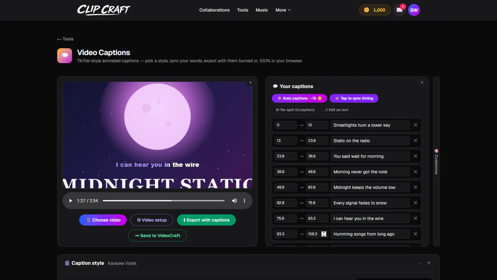 A finished lyric video preview with a violet karaoke caption over cover art and the export controls below
