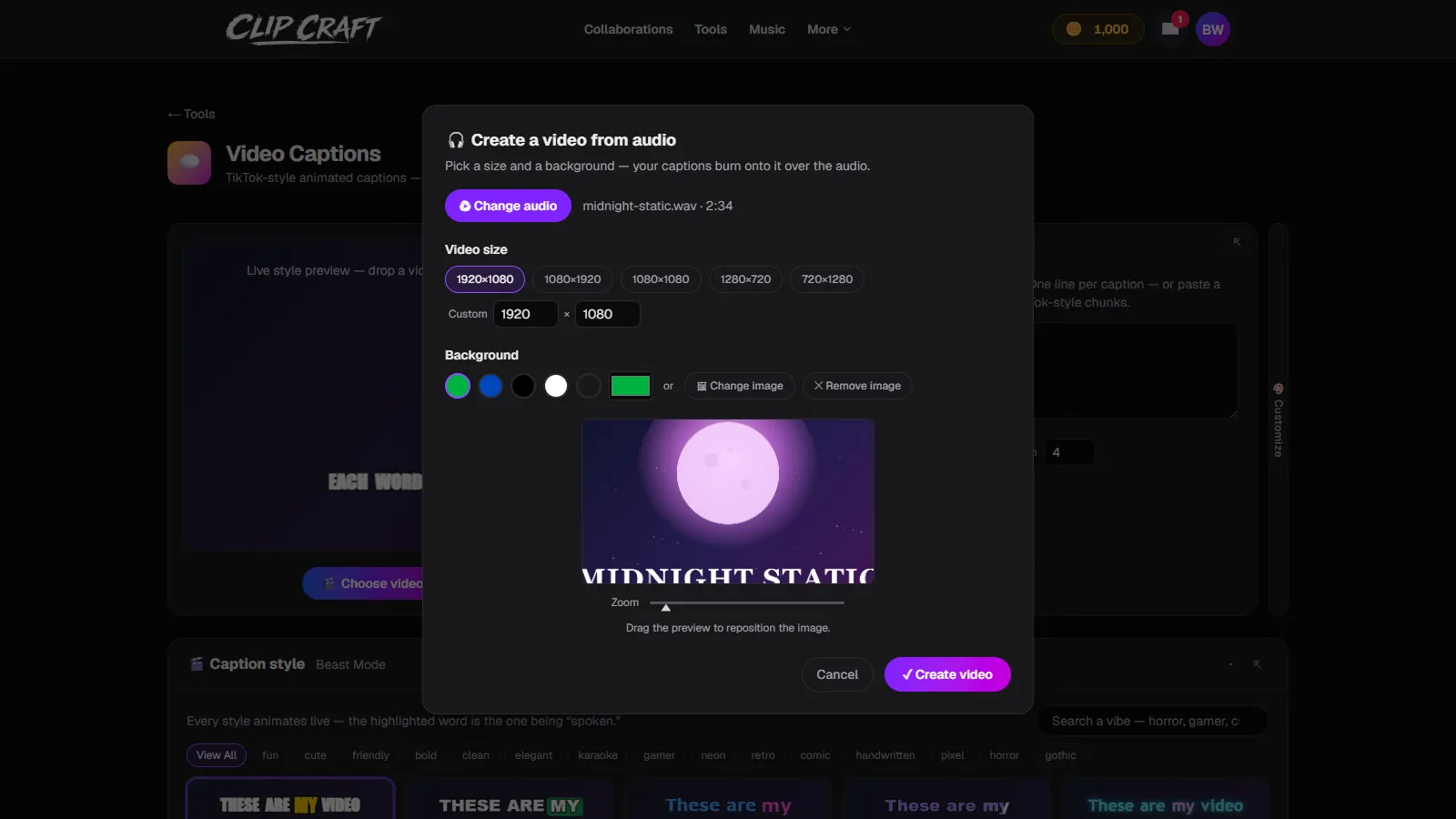 ClipCraft's create-a-video-from-audio setup box with a song loaded, size chips, and a cover image background