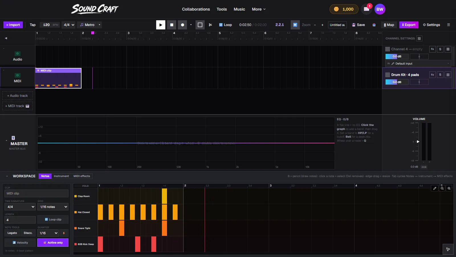 A one-bar drum pattern in SoundCraft's step sequencer: kick, snare, eighth-note hats and a clap in colored rows