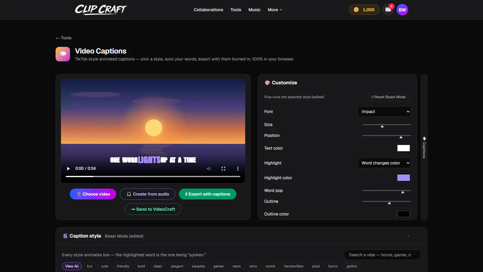 ClipCraft's caption customizer editing Beast Mode with a violet highlight color instead of yellow