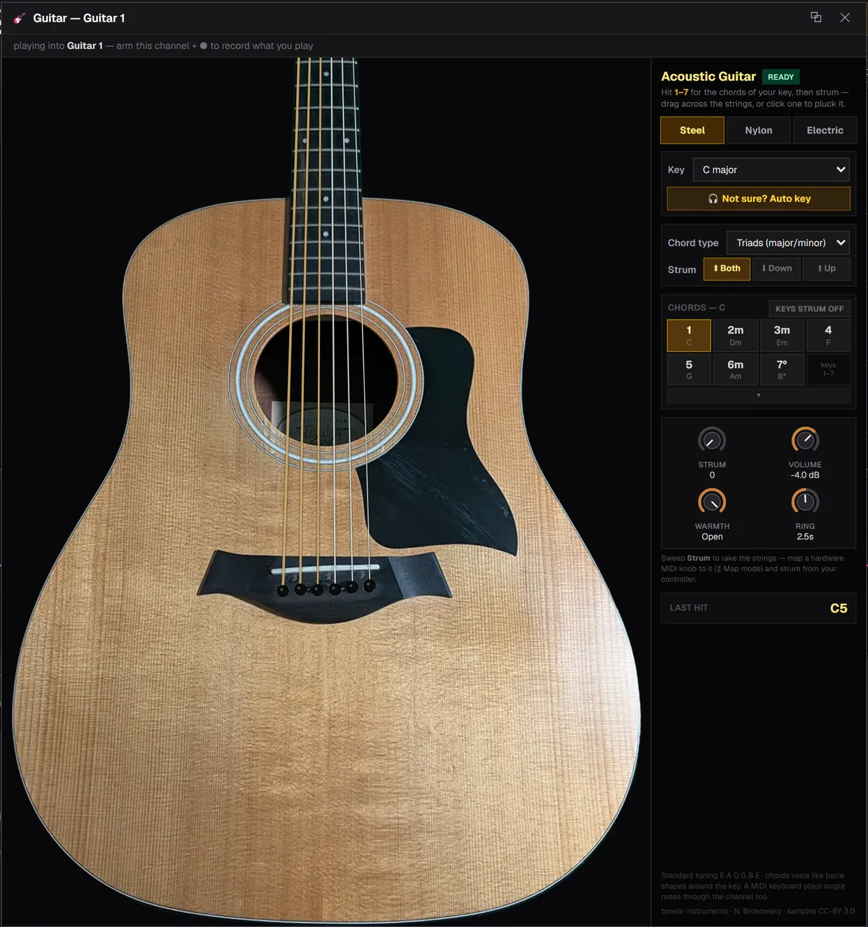 The Acoustic Guitar window in SoundCraft with six strings over the guitar photo and the Nashville chord pad, key picker and knobs on the right