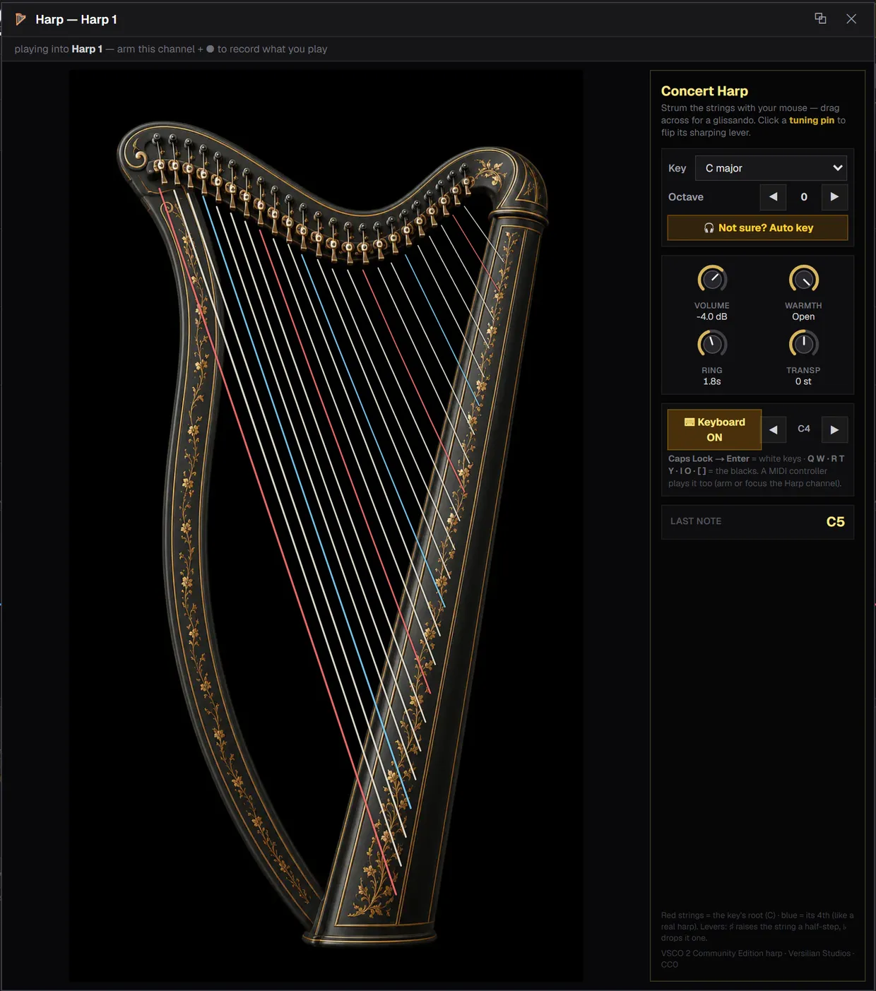 The Concert Harp window in SoundCraft: 23 strings over the harp artwork, key picker, knobs and keyboard controls on the right