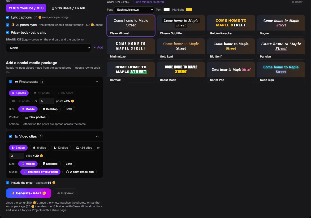 The social media package rows open: photo post sizes S, M, L and XL, a Mobile, Desktop or Both size switch, a Pick photos button, and video clip sizes