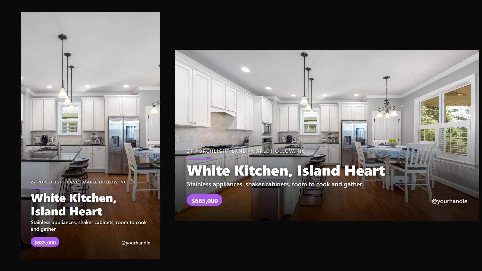 The same kitchen post in two sizes: a 1080 by 1920 phone post and a 1920 by 1080 widescreen post, each with the headline White Kitchen, Island Heart, a price pill and the agent's handle