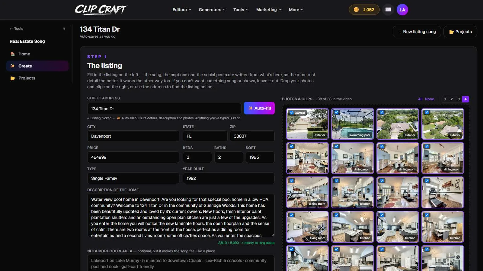 The Real Estate Song studio with the listing facts on the left and the photo grid on the right