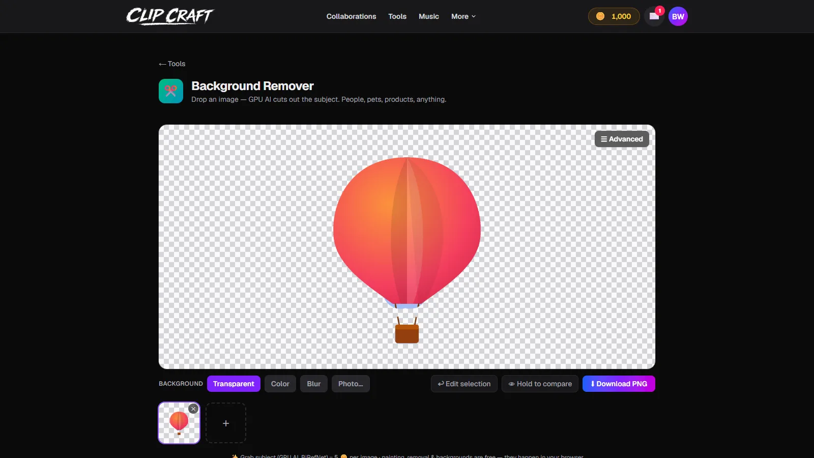 The removed background result shown as a cutout on a transparent checkerboard at full resolution