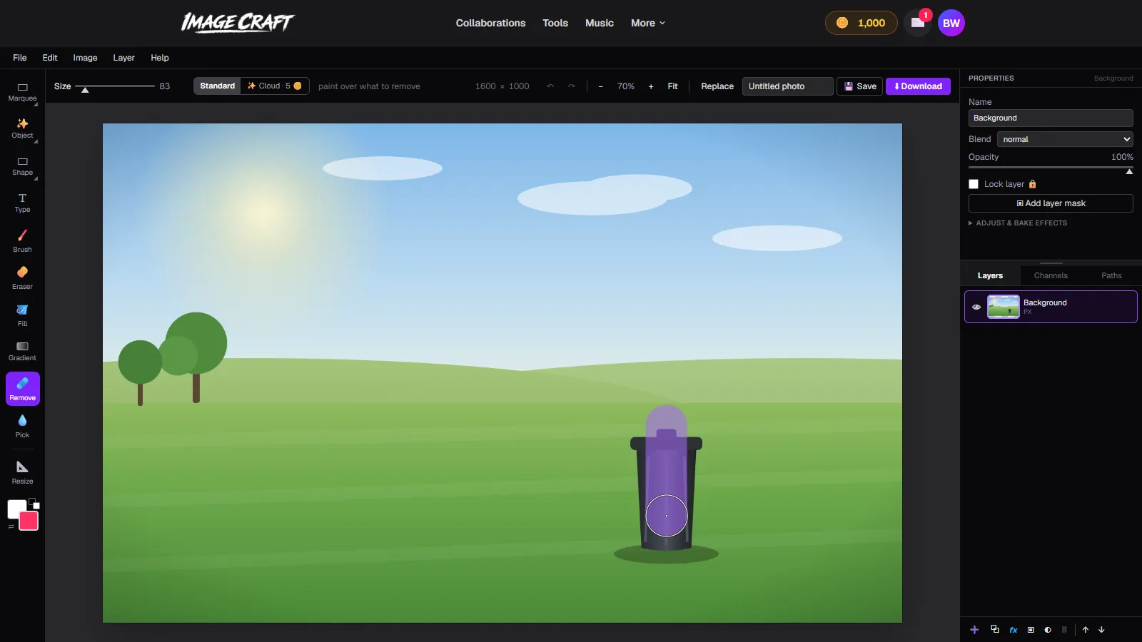 A violet overlay painted over the trash bin mid-stroke with the Remove tool's circle cursor visible