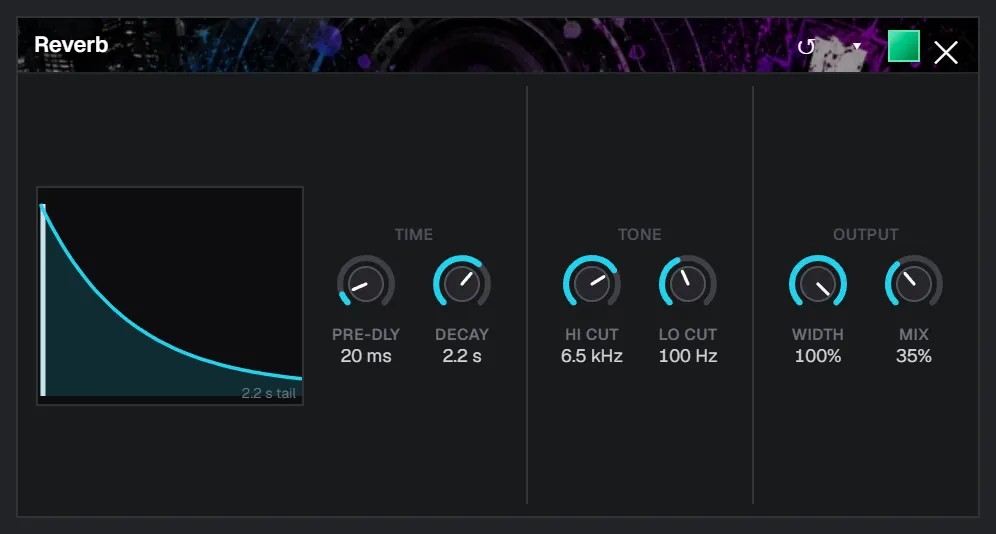 SoundCraft's Reverb panel at default settings: pre-delay 20 ms, decay 2.2 s, hi cut 6.5 kHz, lo cut 100 Hz, width 100%, mix 35%