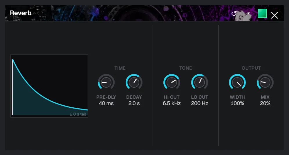 A vocal plate reverb setup in SoundCraft: 40 ms pre-delay, 2.0 s decay, low cut raised to 200 Hz, mix reduced to 20%