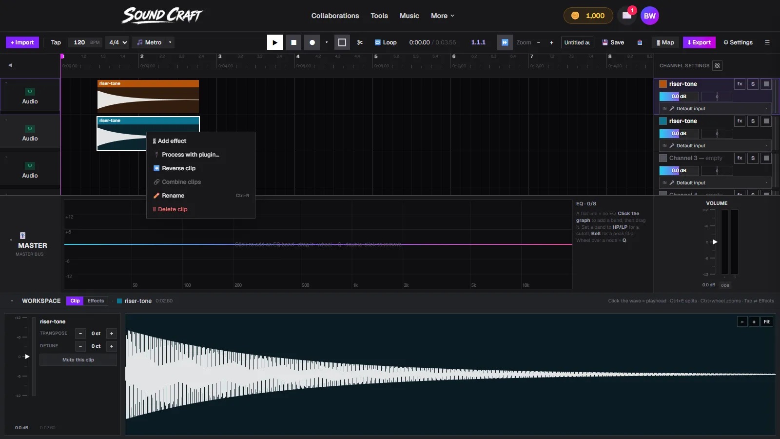 The SoundCraft audio clip right-click menu showing Reverse clip among the options