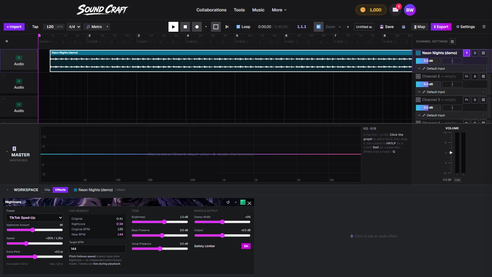 SoundCraft with a song loaded and the Nightcore effect panel set to the TikTok Sped-Up preset