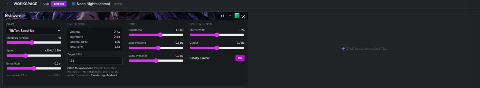 Close-up of the Nightcore panel on the TikTok Sped-Up preset showing +20% speed and a 120 to 144 BPM readout
