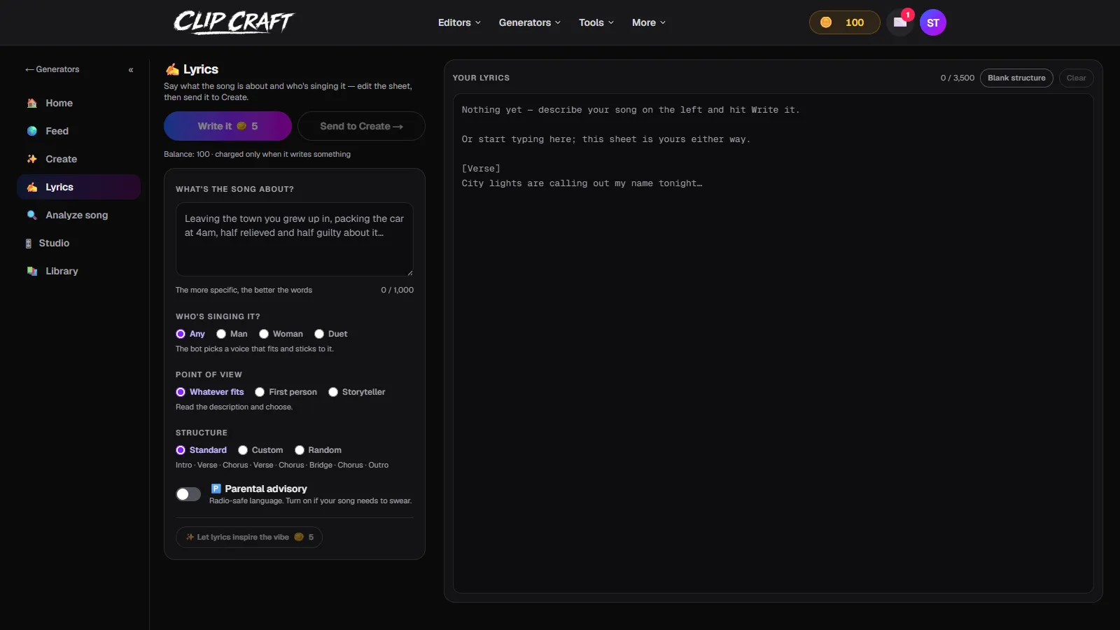 The Lyrics room in ClipCraft's Audio Studio with a song description, singer and point-of-view choices, and structure options