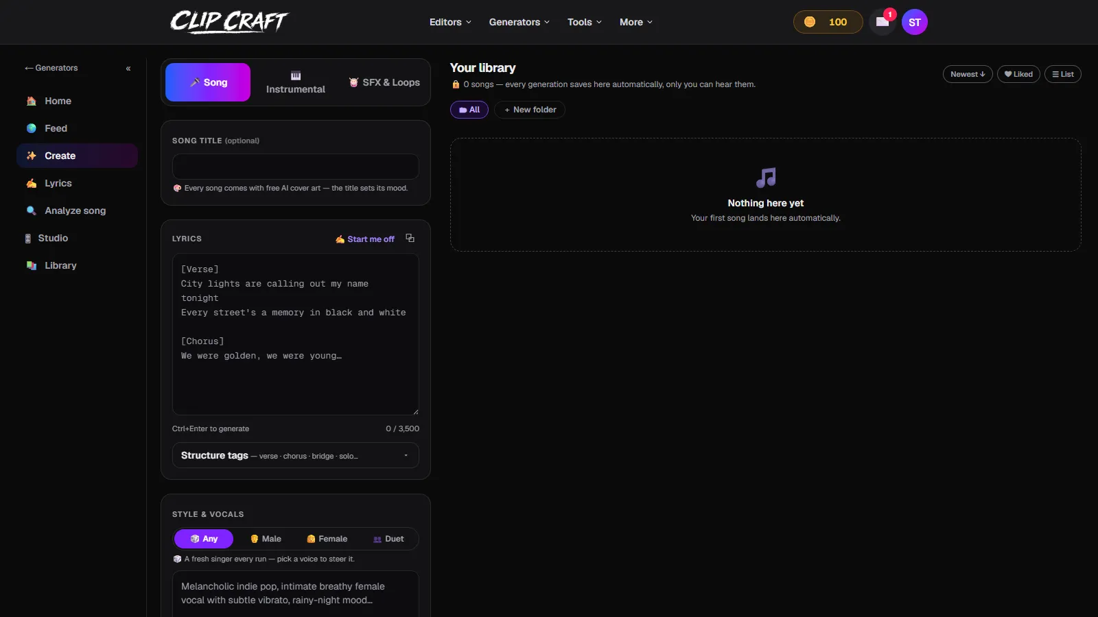 ClipCraft's Audio Studio create page with Song, Instrumental and SFX modes, lyric sheet, vocal picker and an empty library