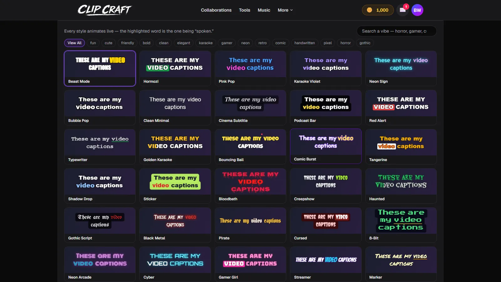 ClipCraft's caption style gallery showing dozens of live-animating presets with filter chips