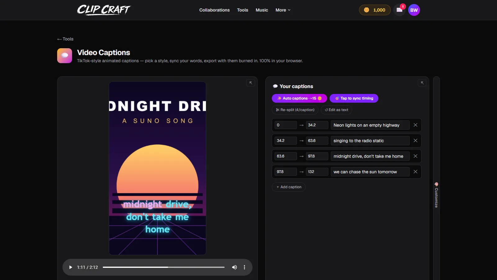 The Neon Sign caption style rendering a lyric line over retro cover art in a vertical frame