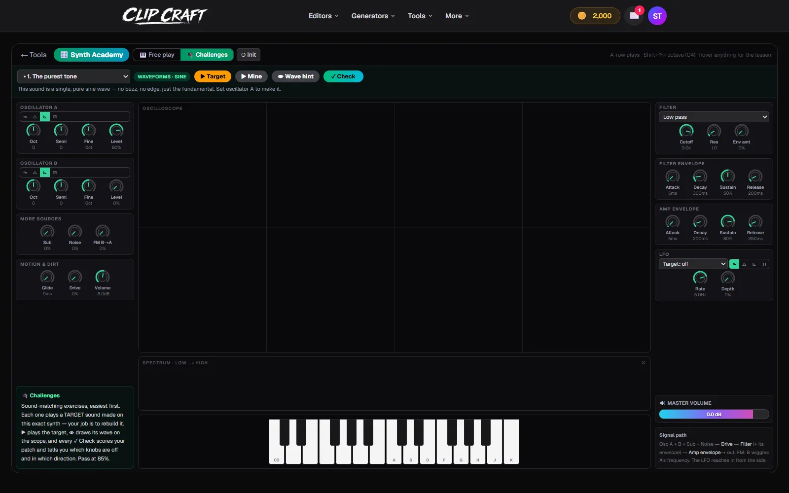 A Synth Academy ear challenge in progress, with the target sound loaded and the synth ready to be matched