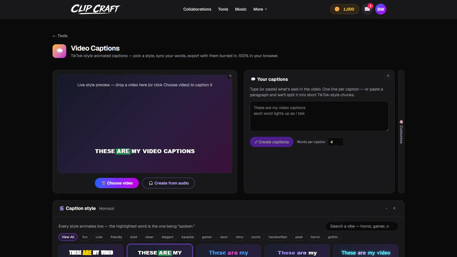 ClipCraft's Video Captions tool showing the live style preview stage and the captions editor