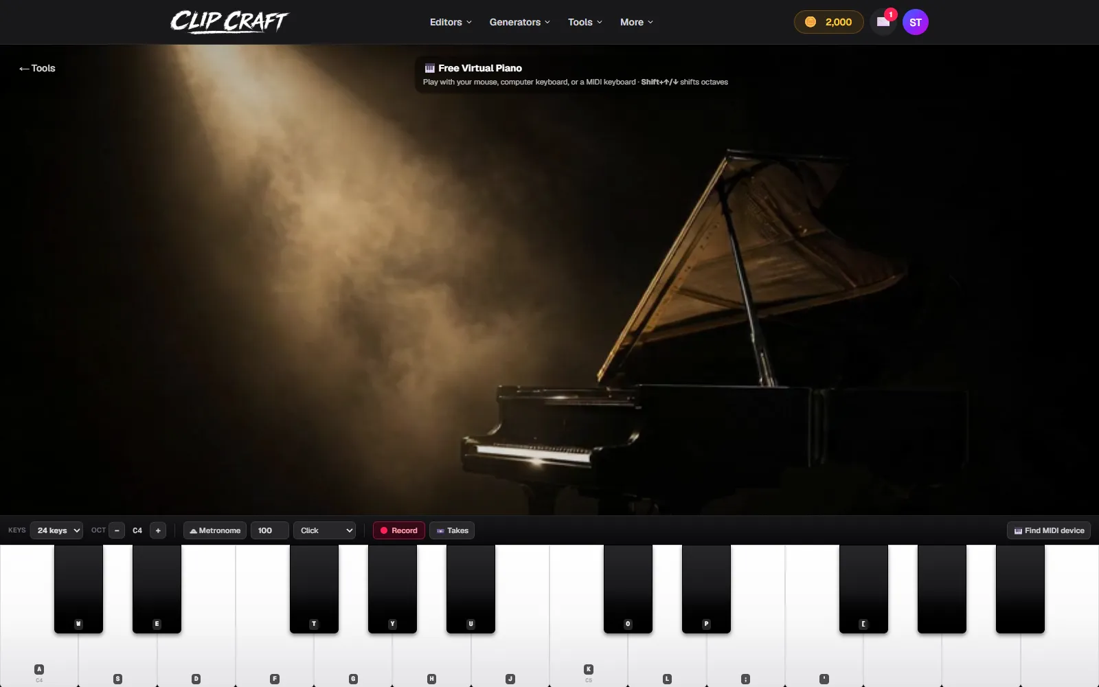 The Virtual Piano with a grand piano video background, computer key labels, metronome, record button and find MIDI device