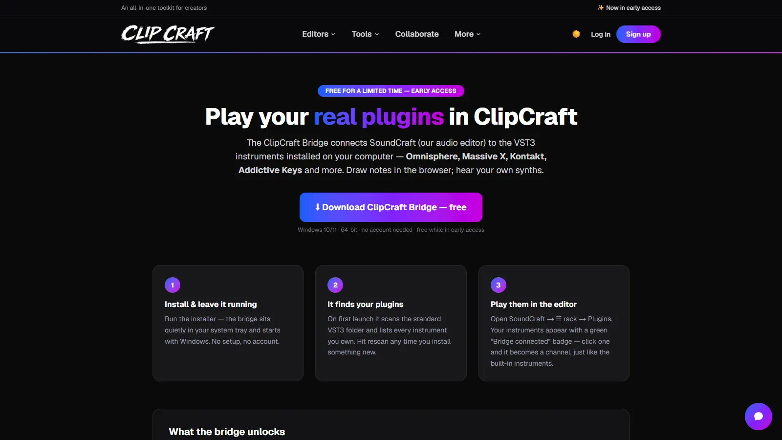 The ClipCraft Bridge download page showing the free installer button and install steps