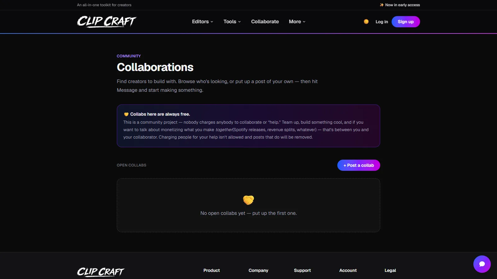 The ClipCraft collaborations board with a banner stating collabs here are always free