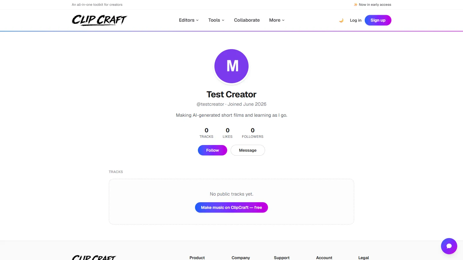 A public ClipCraft creator profile showing bio, track and follower stats, and Follow and Message buttons