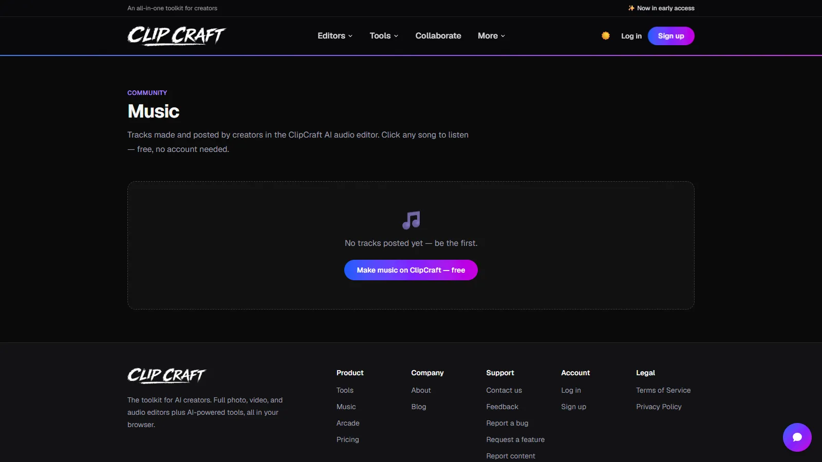 The ClipCraft music feed, a public page for AI music tracks posted by creators