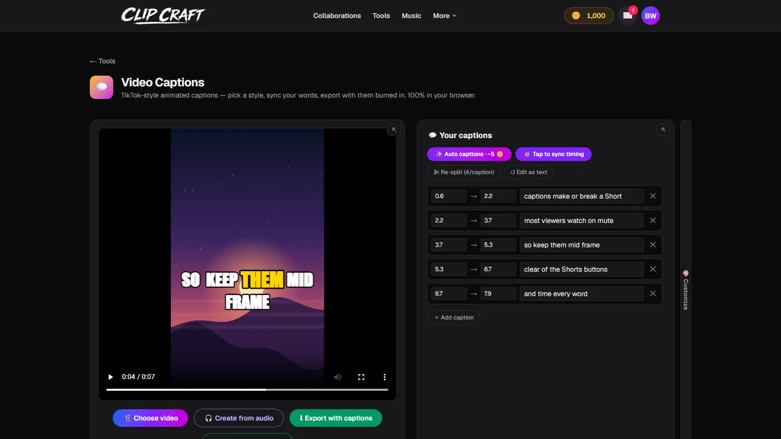A vertical 1080x1920 video loaded in ClipCraft's Video Captions tool, with a bold mid-frame caption and tap-synced caption rows on the right